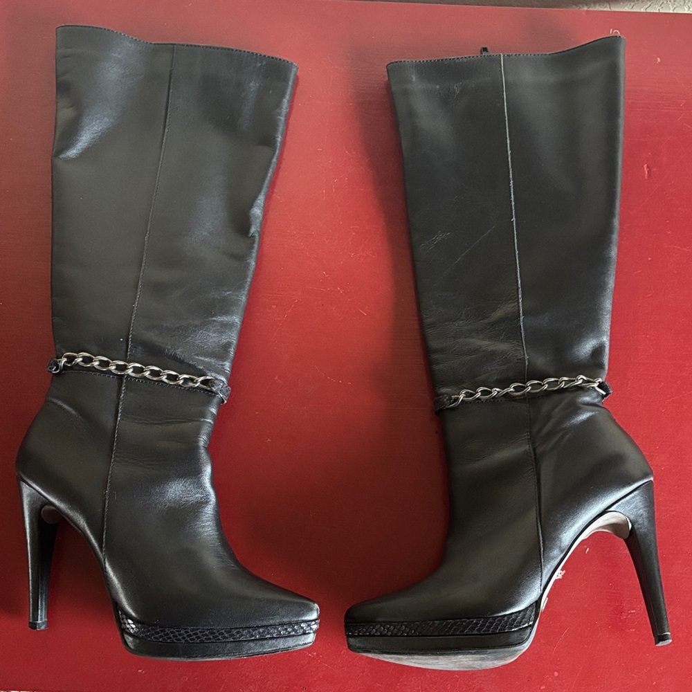 Black Pleather High Heel Boots